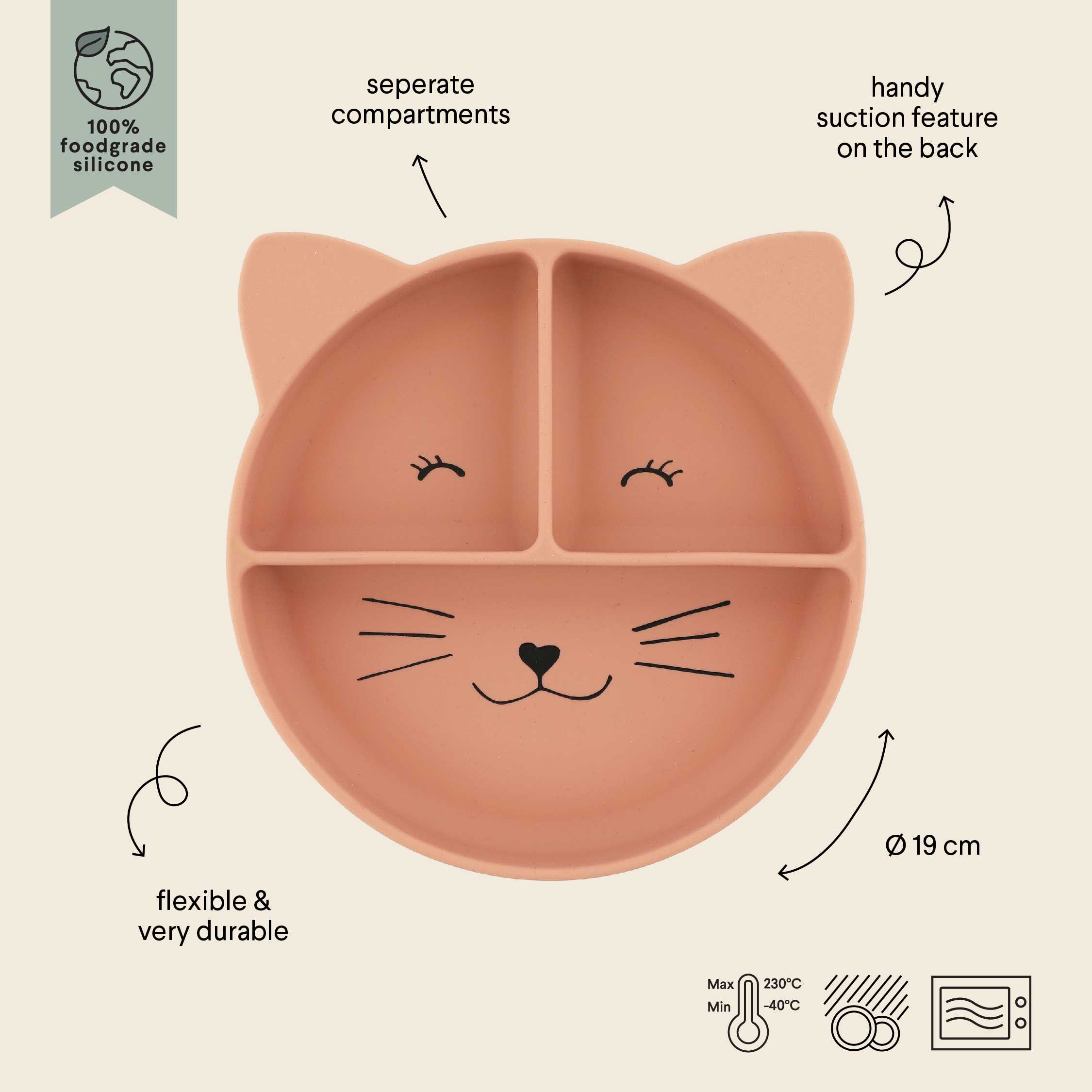 Assiette avec ventouse en silicone et compartiments - Mrs. Cat